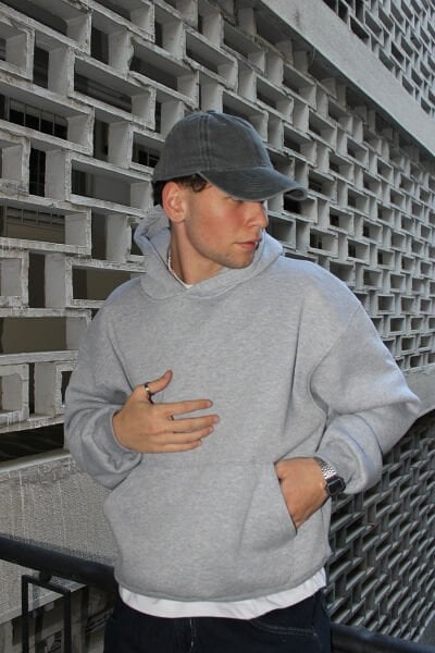 Oversize Basic Hoodie - Gri