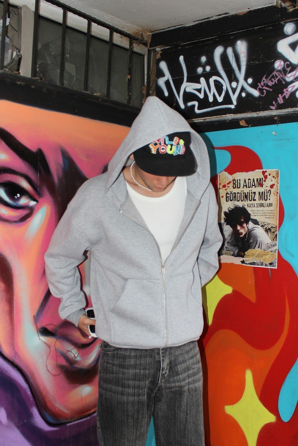 Oversize Basic Zip Hoodie - Gri