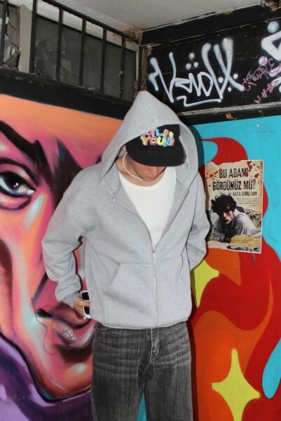 Oversize Basic Zip Hoodie - Gri