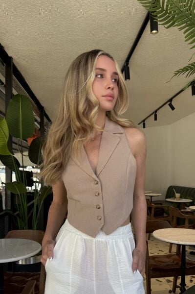 Arkadan Bağlamalı Yelek - Vizon