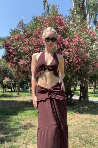 Büzgü Detay Asimetrik Etek - Kahverengi