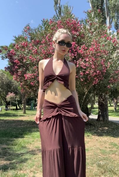 Büzgü Detay Asimetrik Etek - Kahverengi