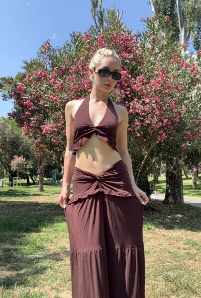 Büzgü Detay Asimetrik Etek - Kahverengi