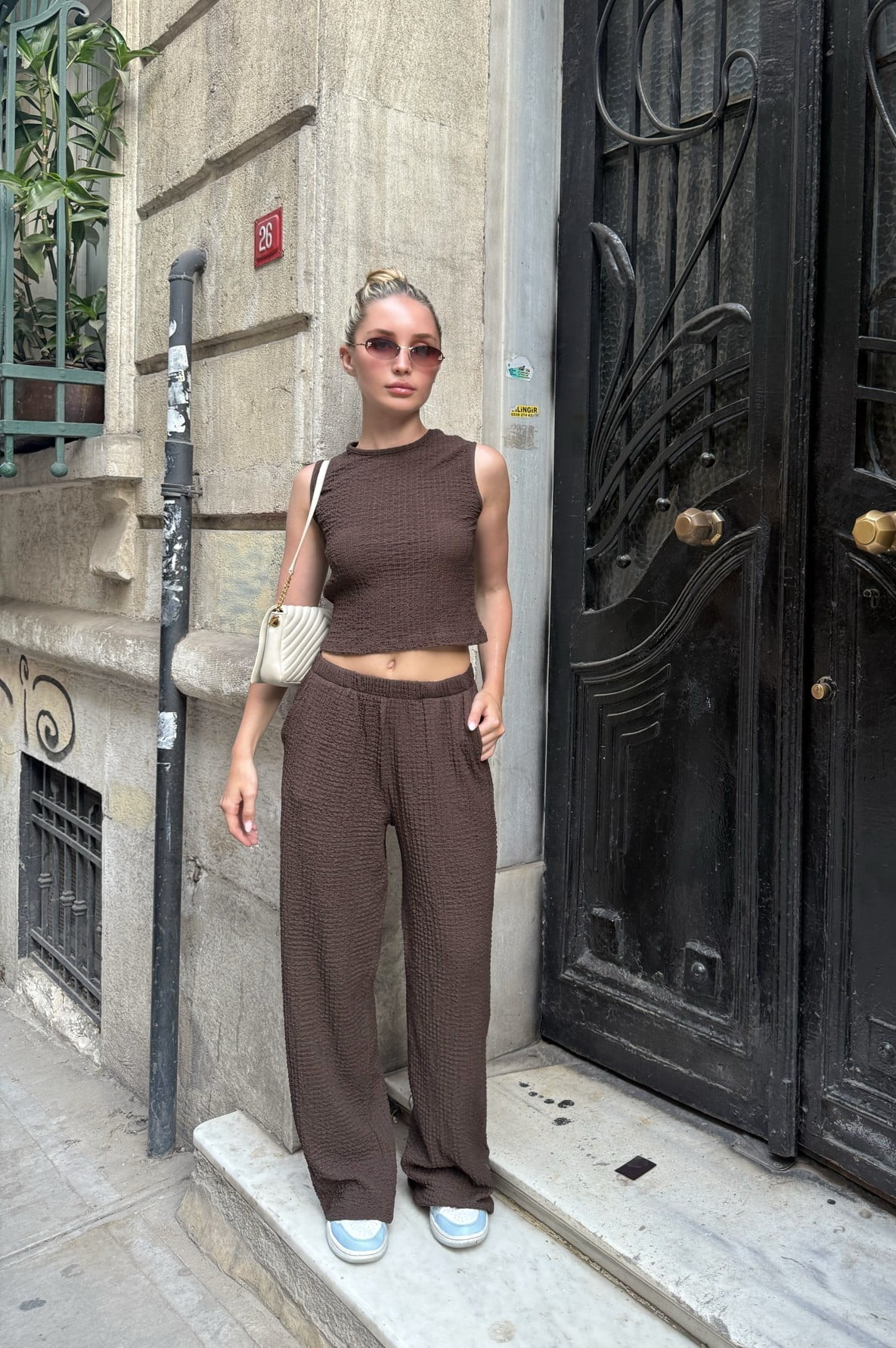 Dokulu Bluz Pantolon Takım - Kahverengi