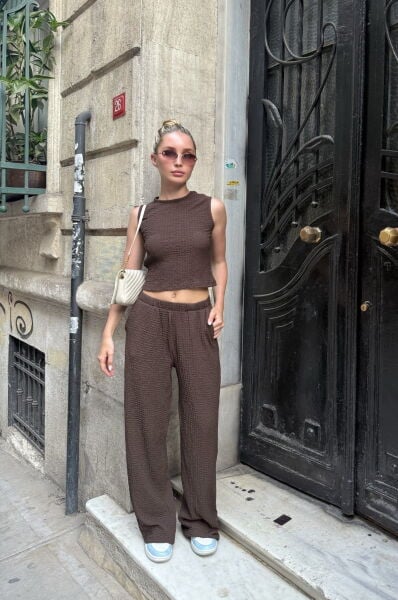 Dokulu Bluz Pantolon Takım - Kahverengi