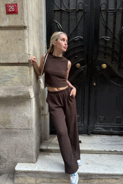 Dokulu Bluz Pantolon Takım - Kahverengi