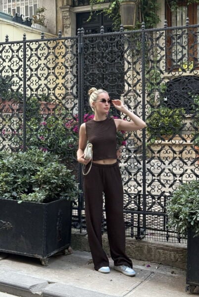 Dokulu Bluz Pantolon Takım - Kahverengi