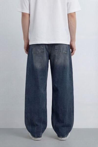 Bağcıklı Yıkama Detay Baggy Jean - Lacivert