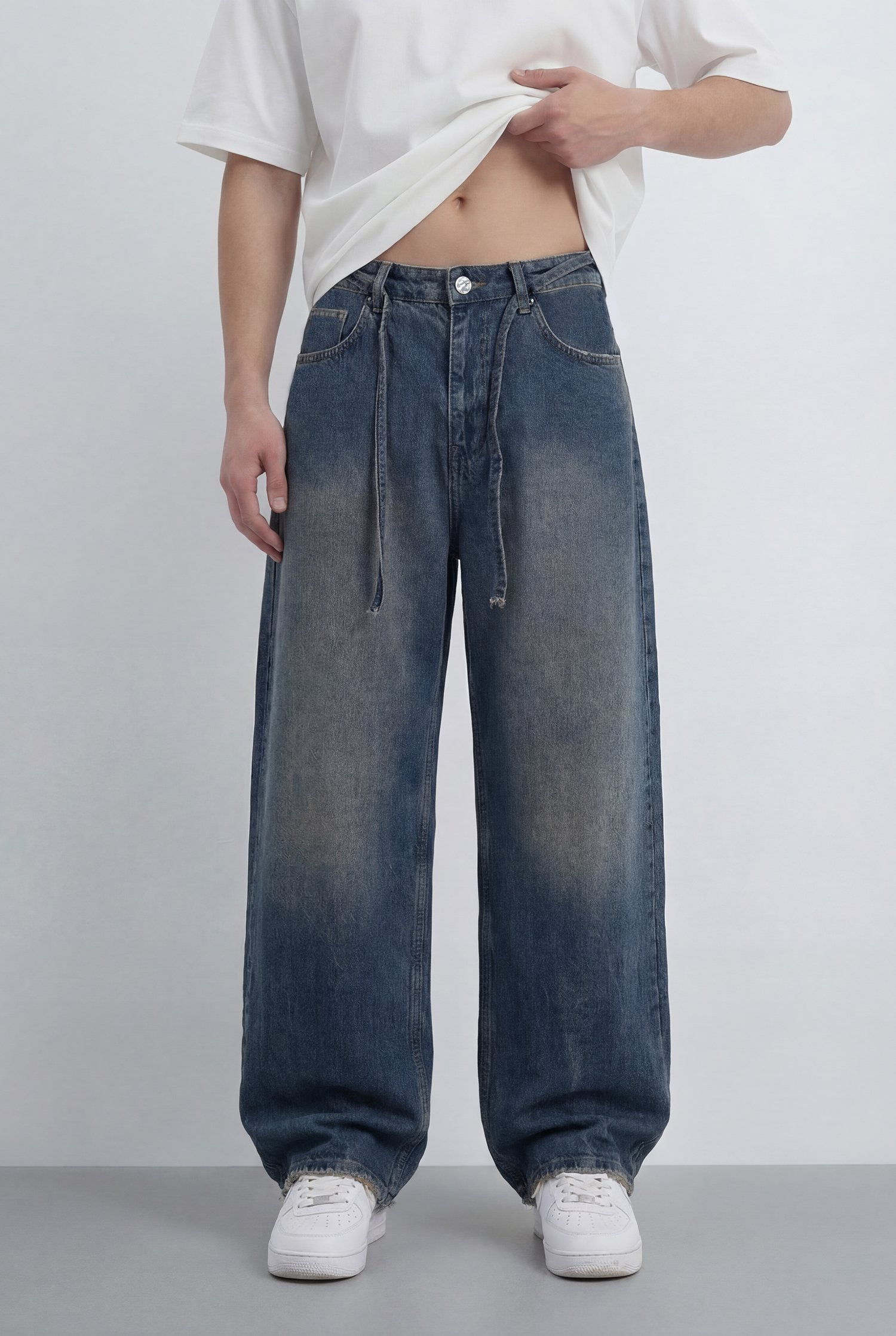 Bağcıklı Yıkama Detay Baggy Jean - Lacivert