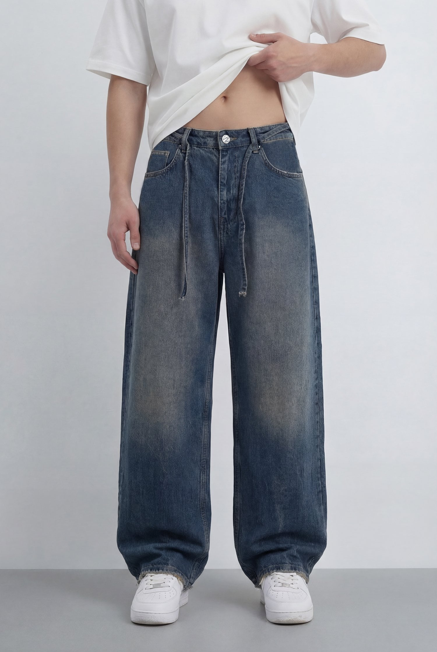 Bağcıklı Yıkama Detay Baggy Jean - Lacivert