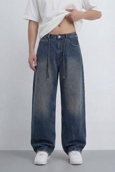 Bağcıklı Yıkama Detay Baggy Jean - Lacivert