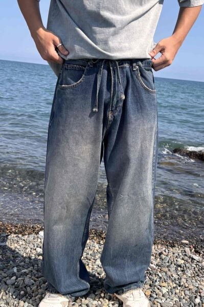 Bağcıklı Yıkama Detay Baggy Jean - Lacivert