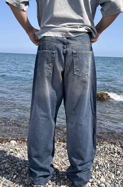 Bağcıklı Yıkama Detay Baggy Jean - Lacivert