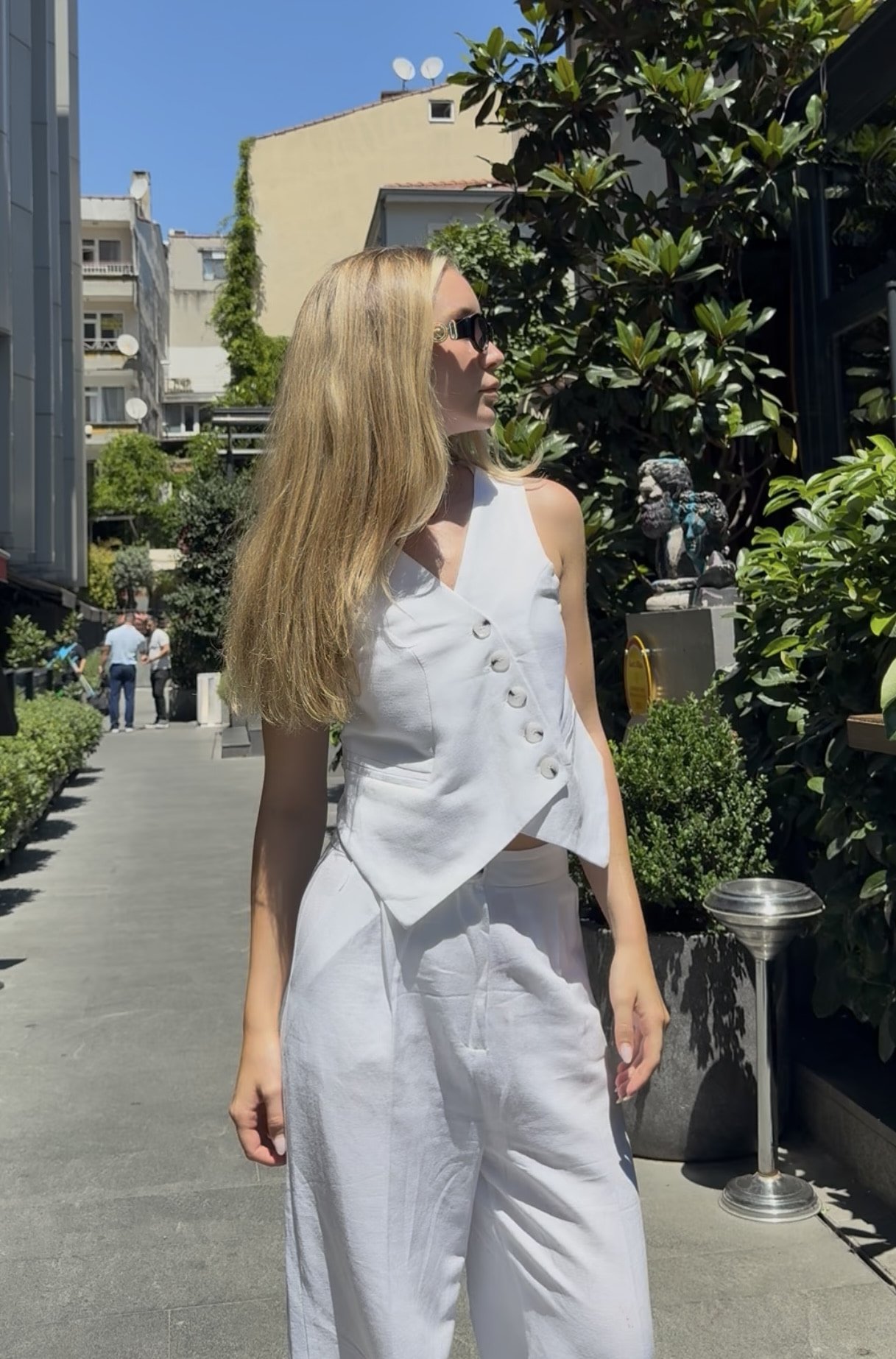 Yelek Pantolon Keten Takım - Beyaz