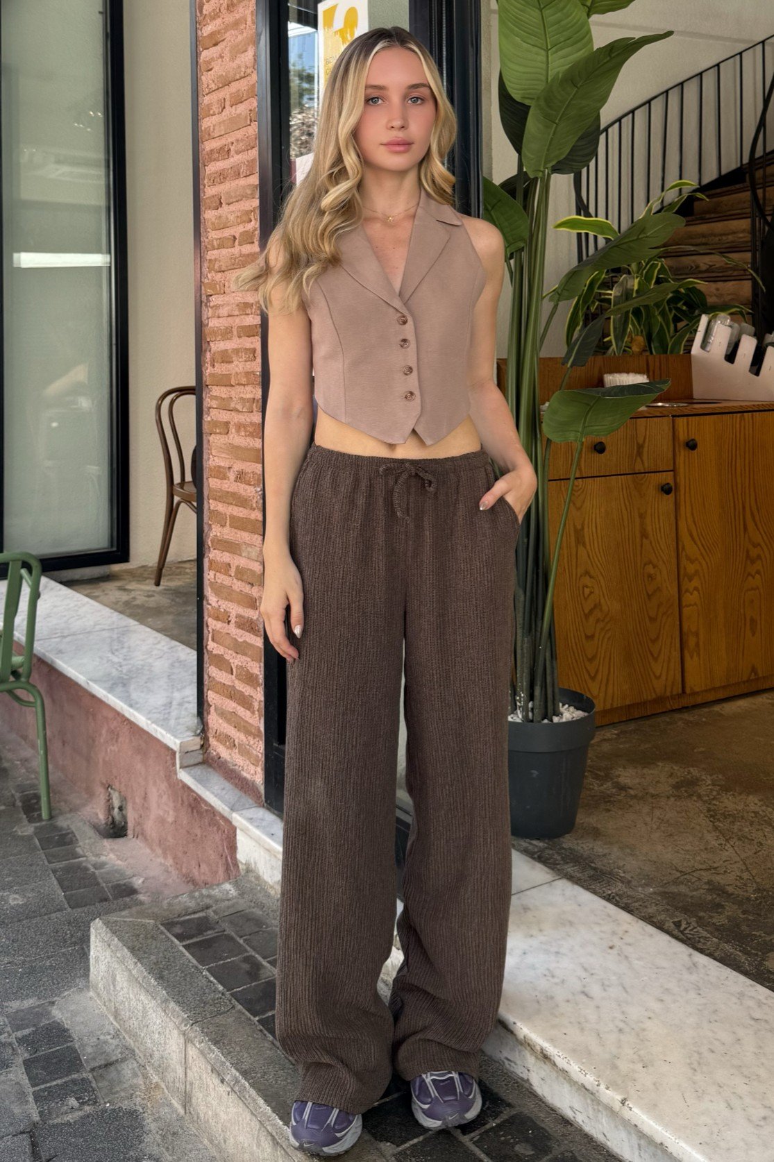 Dokulu Pantolon - Kahverengi