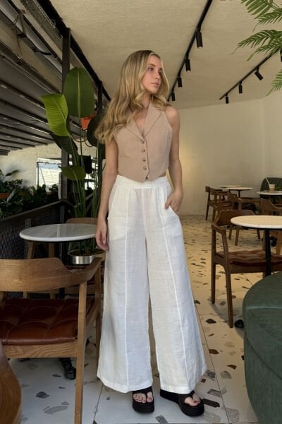Geniş Paça Pantolon - Ekru