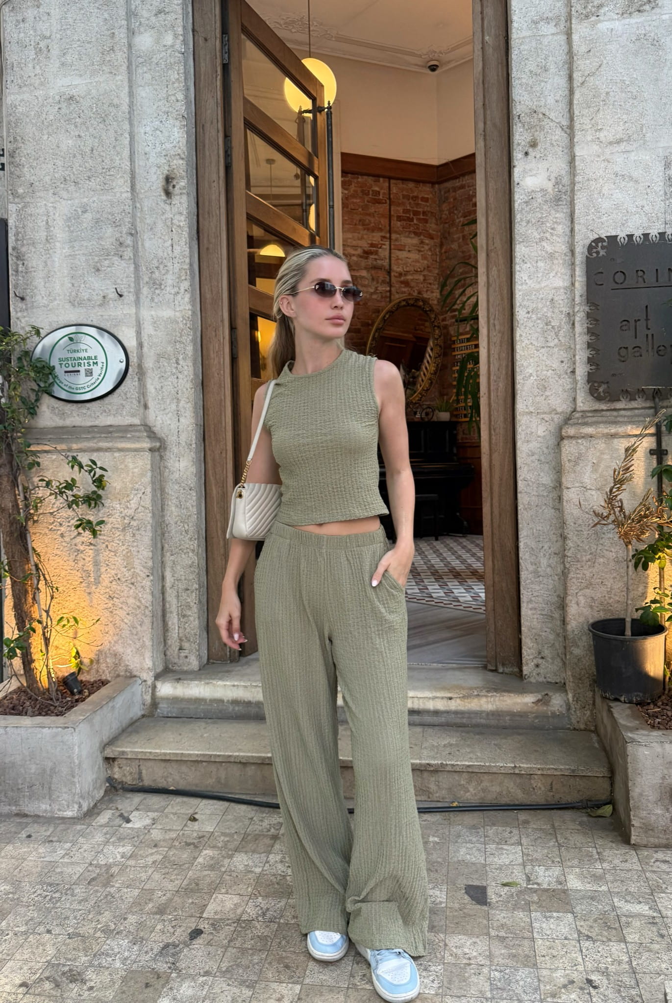 Dokulu Bluz Pantolon Takım - Yeşil