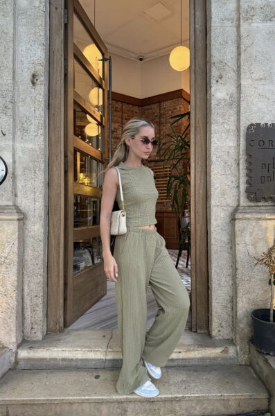 Dokulu Bluz Pantolon Takım - Yeşil