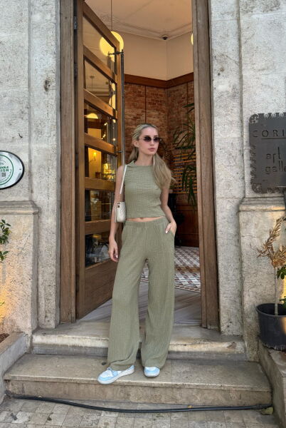 Dokulu Bluz Pantolon Takım - Yeşil