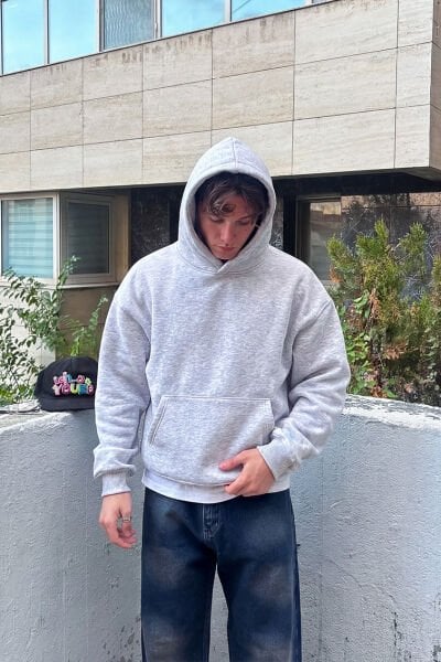 Oversize Basic Hoodie - Gri