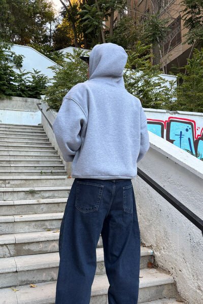 Oversize Basic Hoodie - Gri