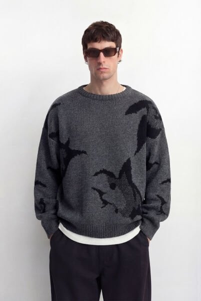 Oversize Desenli Triko Kazak - Antrasit