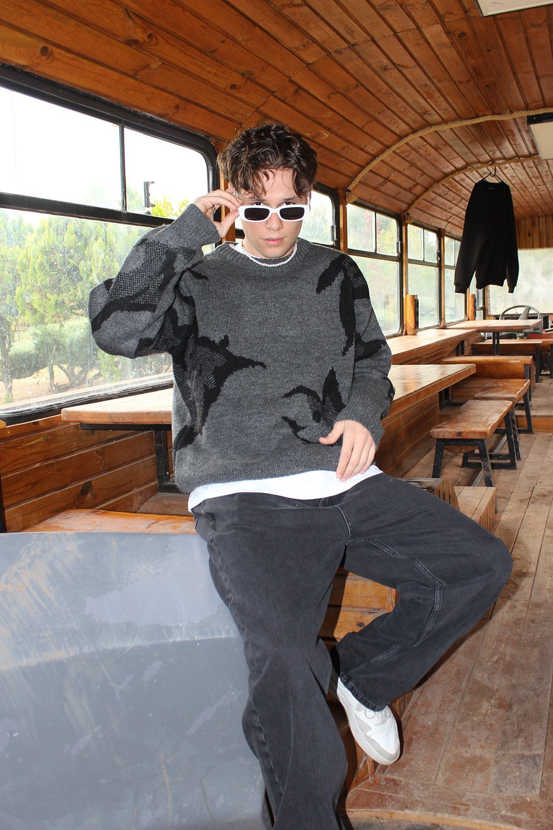 Oversize Desenli Triko Kazak - Antrasit