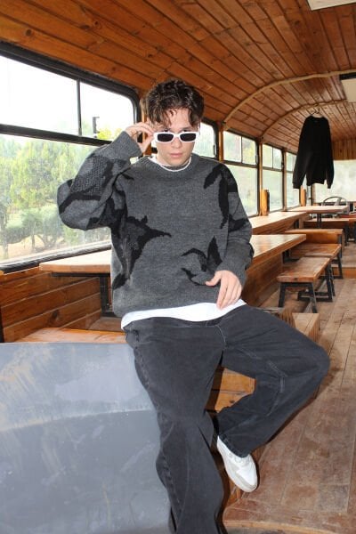 Oversize Desenli Triko Kazak - Antrasit