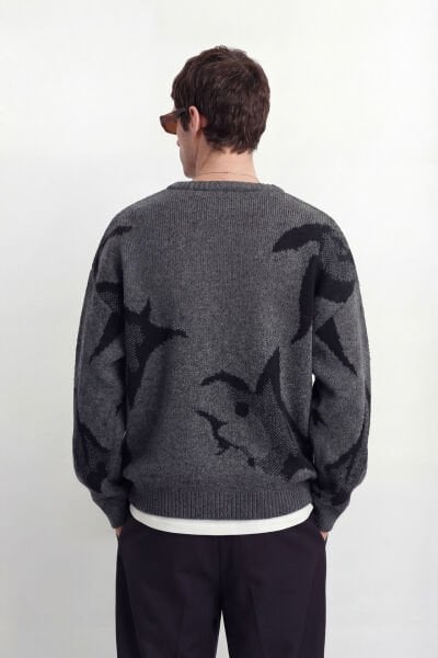 Oversize Desenli Triko Kazak - Antrasit