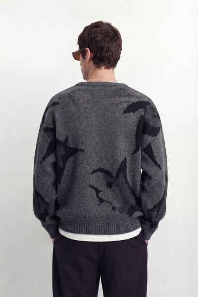 Oversize Desenli Triko Kazak - Antrasit