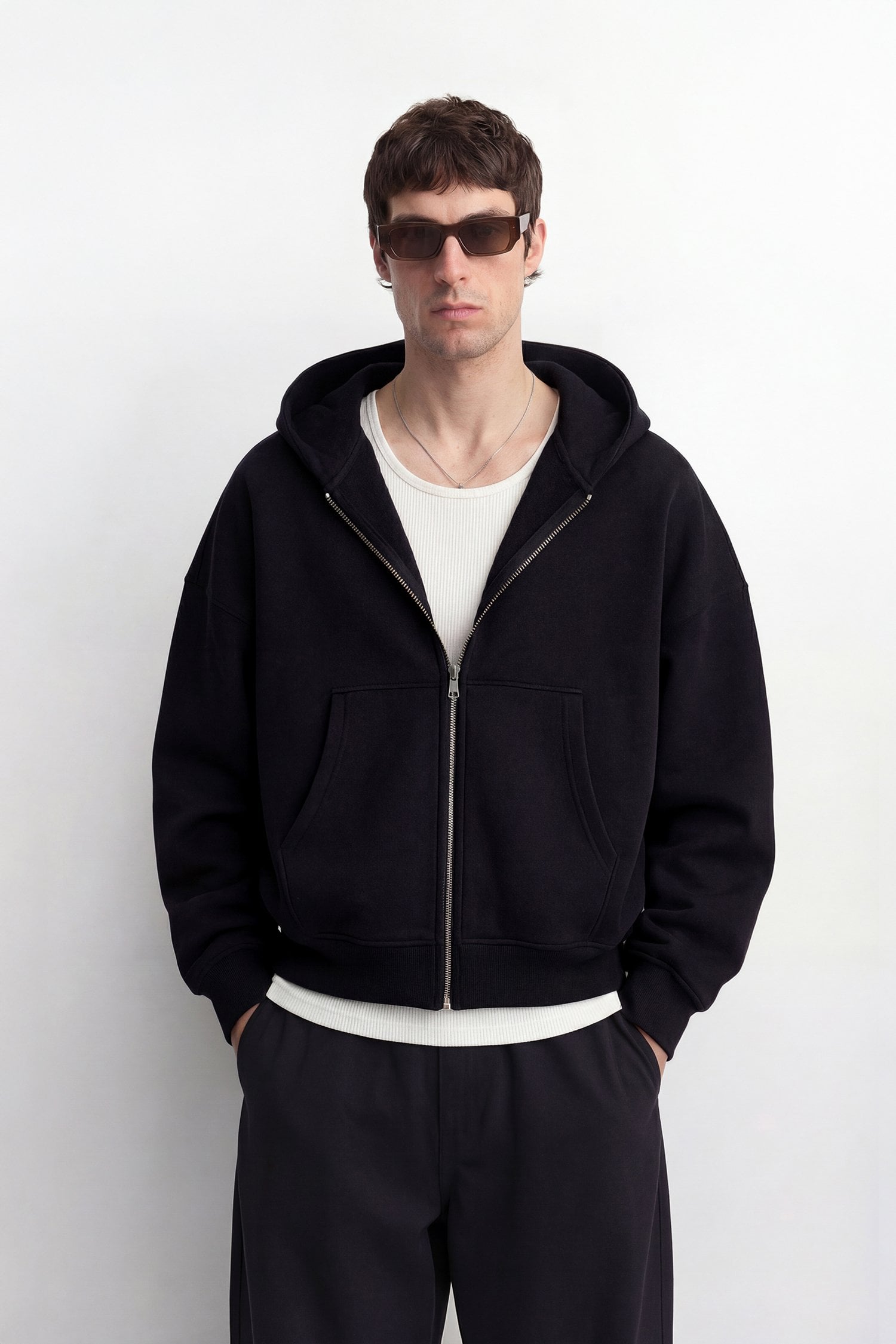 Oversize Basic Fermuarlı Hoodie - Siyah