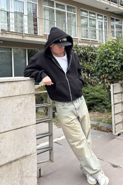 Oversize Basic Zip Hoodie - Siyah