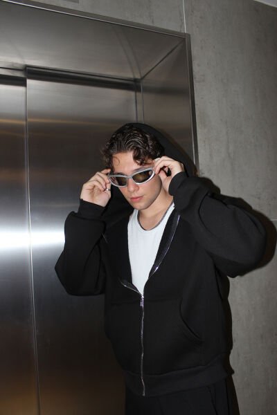 Oversize Basic Zip Hoodie - Siyah