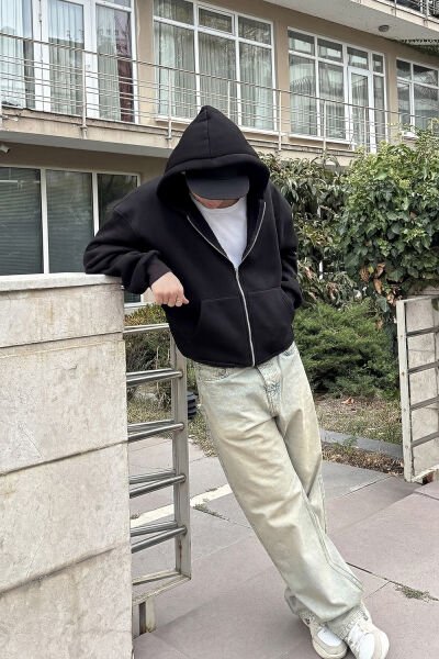Oversize Basic Fermuarlı Hoodie - Siyah