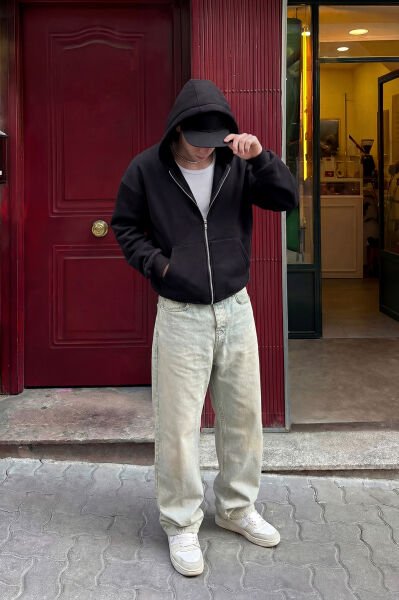 Oversize Basic Fermuarlı Hoodie - Siyah