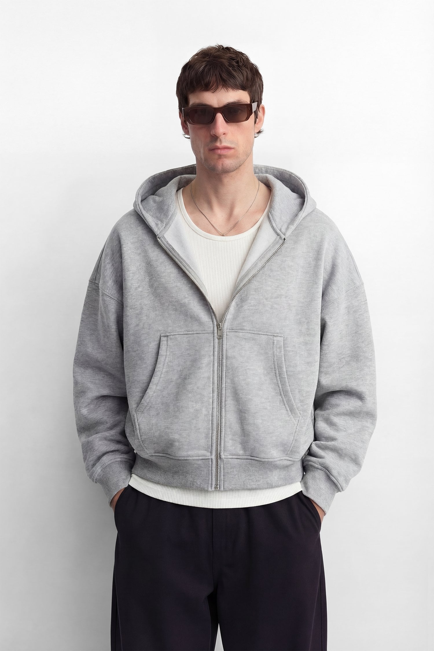 Oversize Basic Fermuarlı Hoodie - Gri