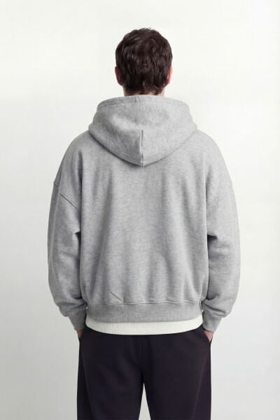 Oversize Basic Fermuarlı Hoodie - Gri