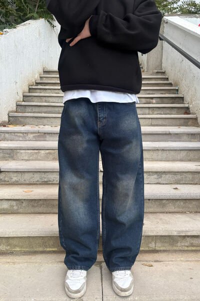 Eskitme Detay Baggy Jean - Lacivert