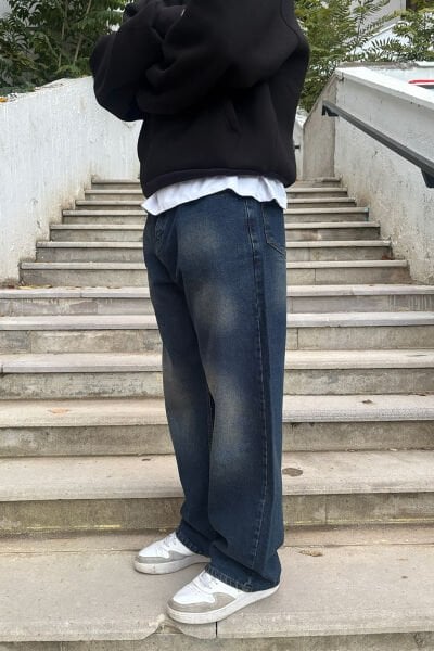 Eskitme Detay Baggy Jean - Lacivert