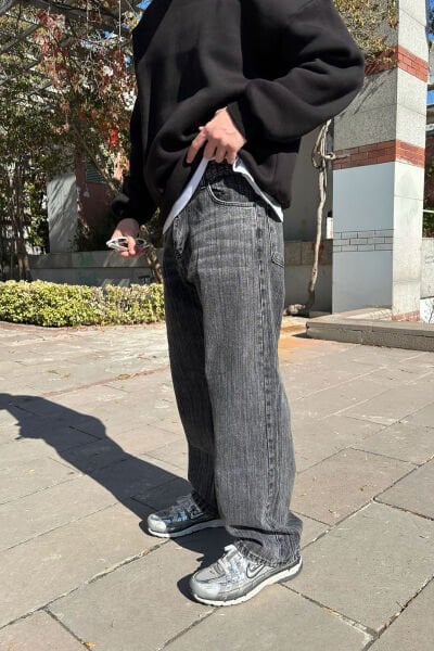 Yıkama Detay Baggy Jean - Gri