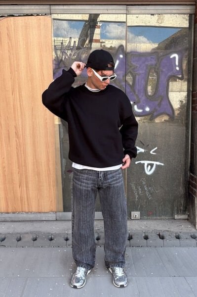 Yıkama Detay Baggy Jean - Gri