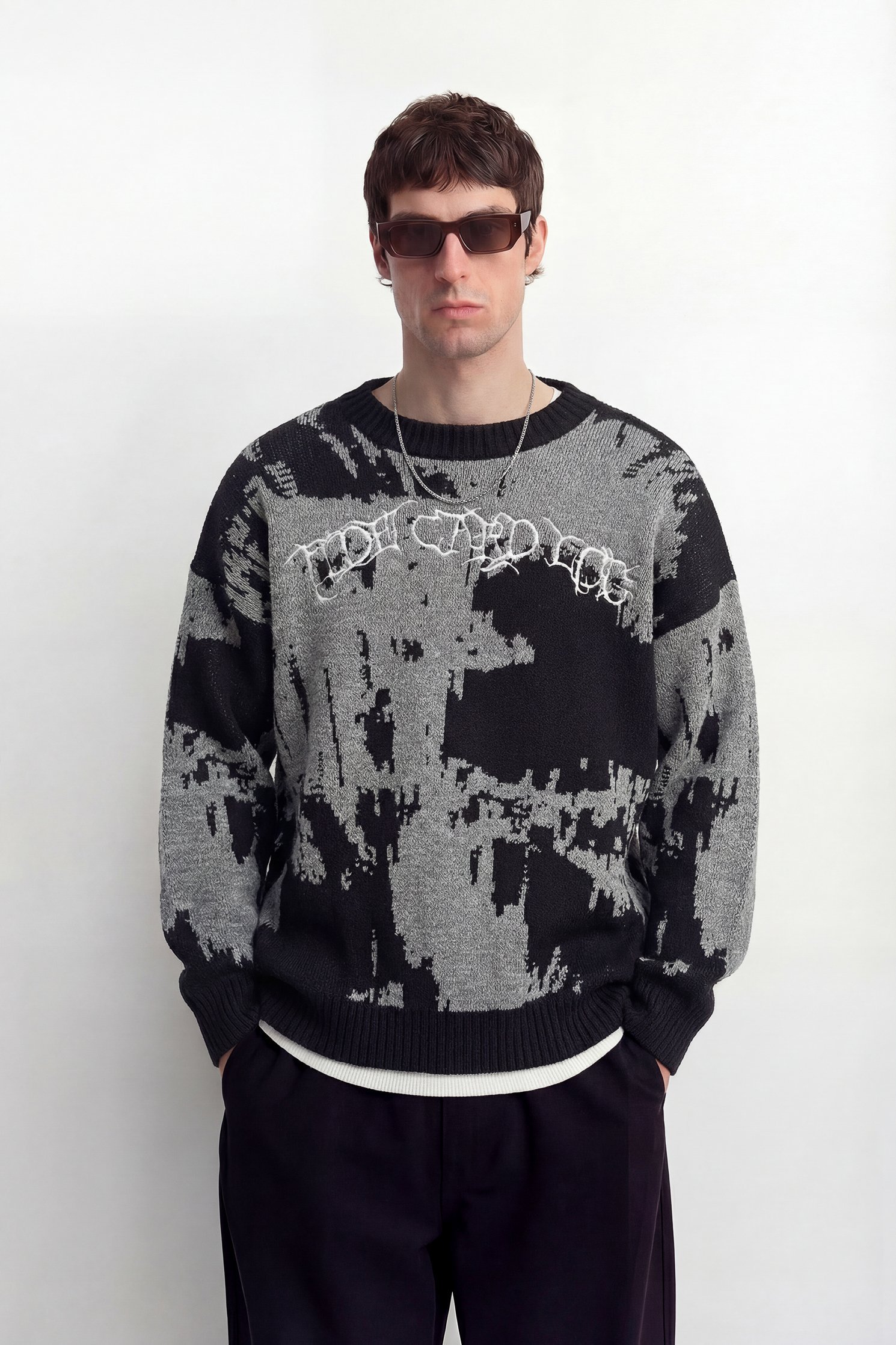 Nakışlı Oversize Triko Kazak - Gri