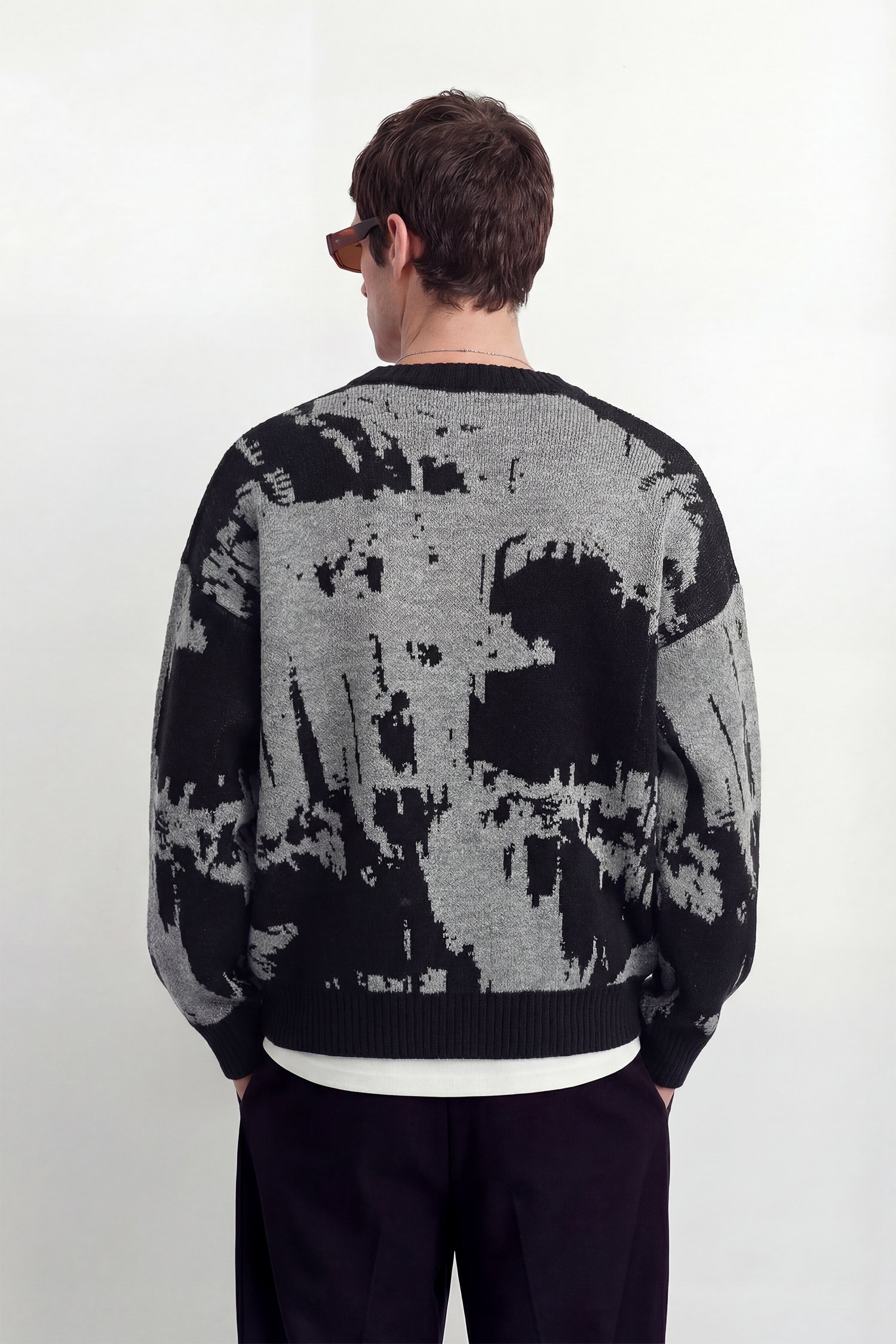 Nakışlı Oversize Triko Kazak - Gri