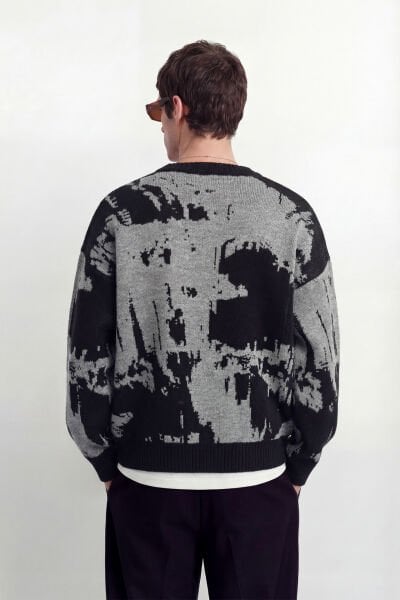 Nakışlı Oversize Triko Kazak - Gri