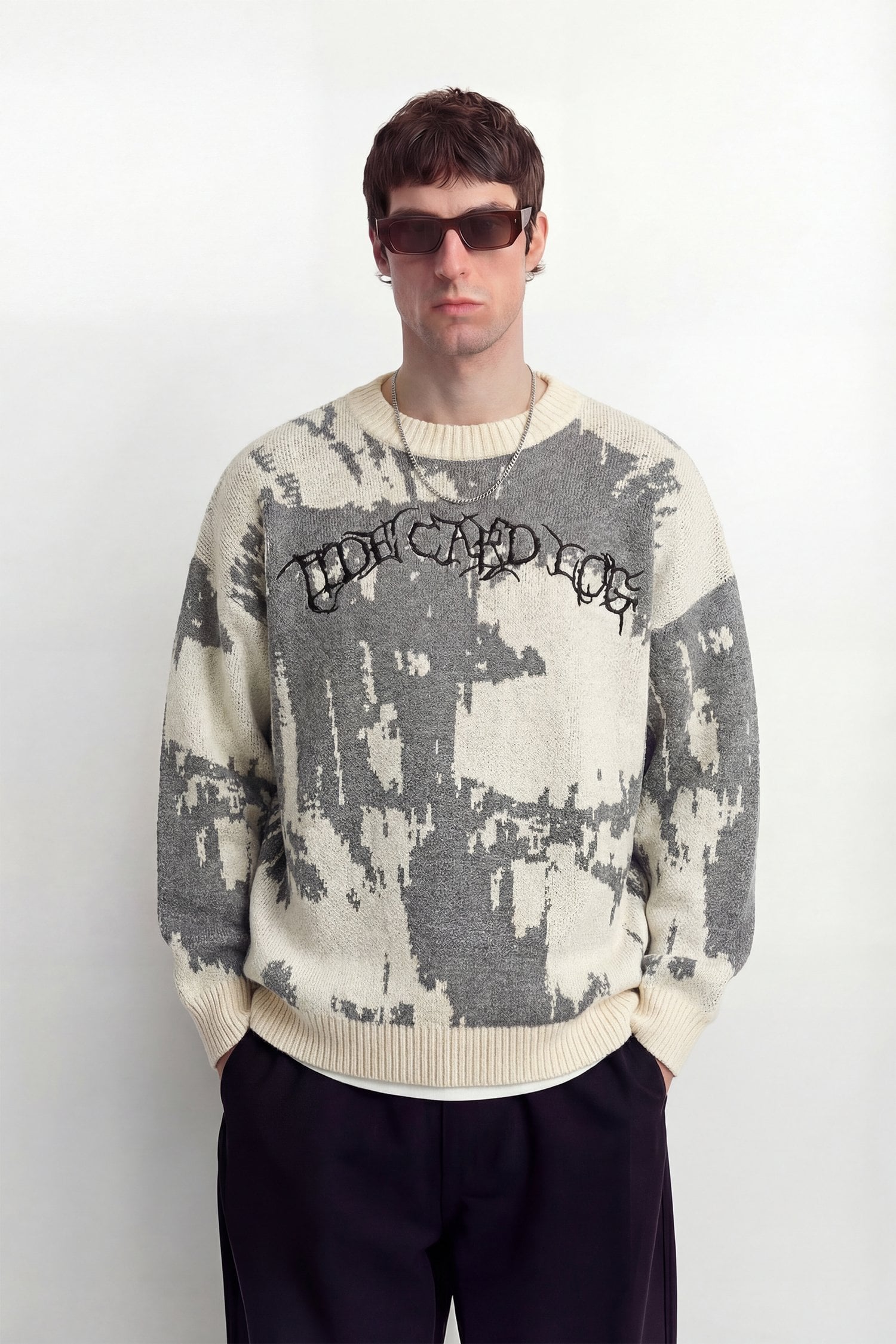 Nakışlı Oversize Triko Kazak - Bej