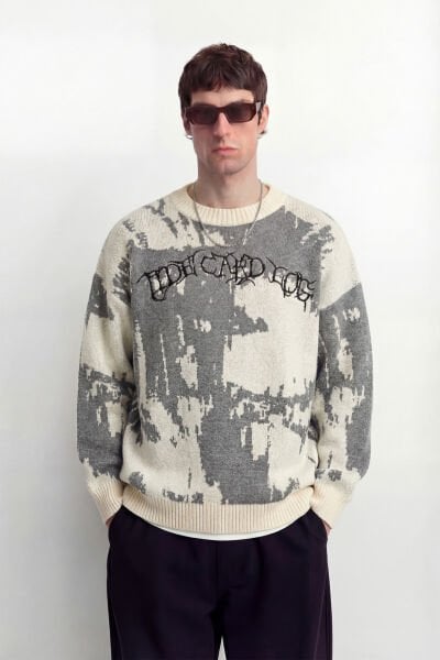 Nakışlı Oversize Triko Kazak - Bej