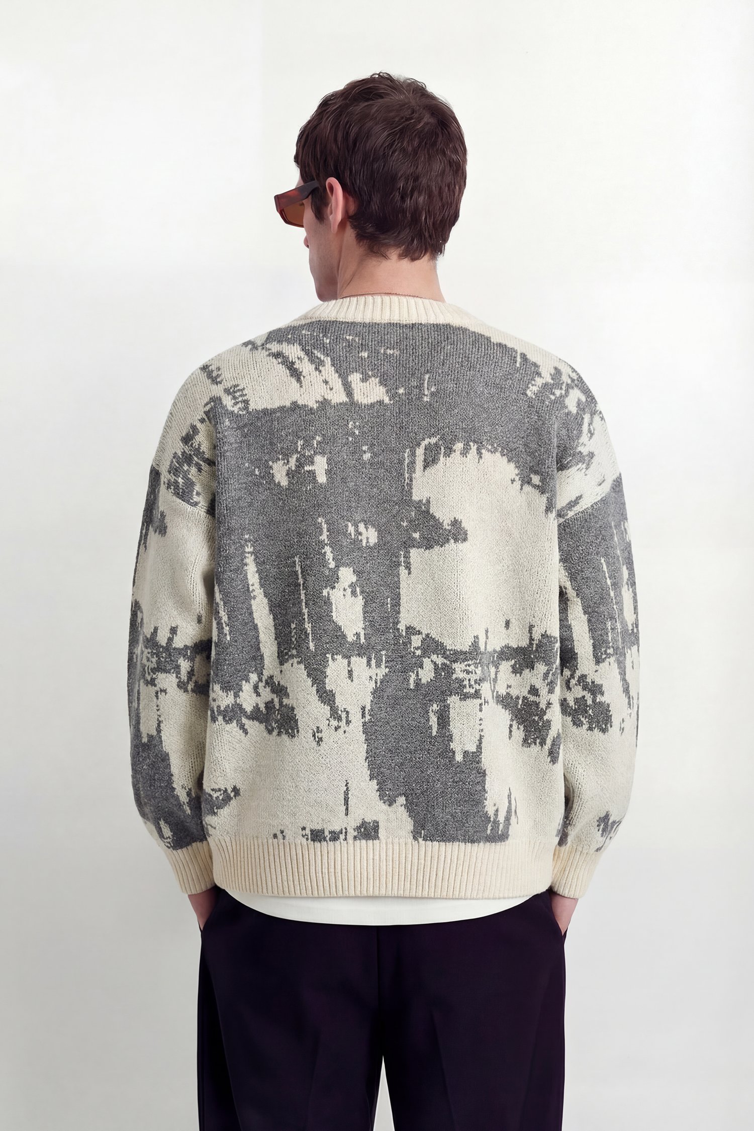 Nakışlı Oversize Triko Kazak - Bej