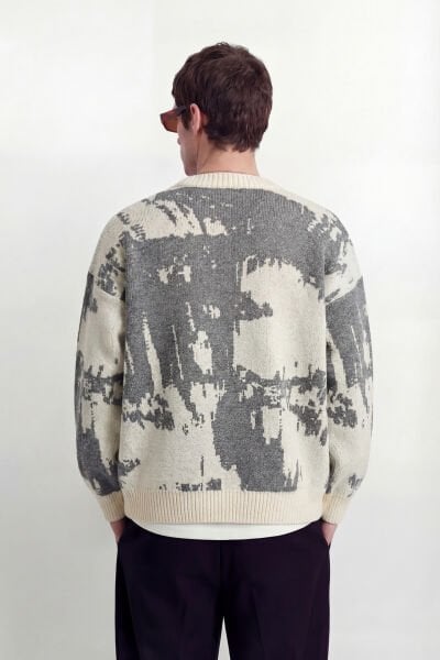 Nakışlı Oversize Triko Kazak - Bej