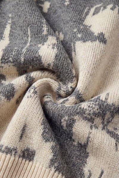 Nakışlı Oversize Triko Kazak - Bej