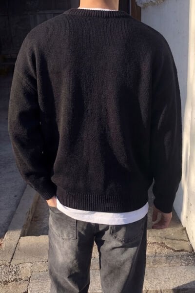 Örümcek Süzene Nakış Overisize Triko Kazak - Siyah